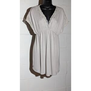 Lush Lace Trim Mini Dress Casual Short Sleeve Taupe Gray V Neck Sun Dress Medium